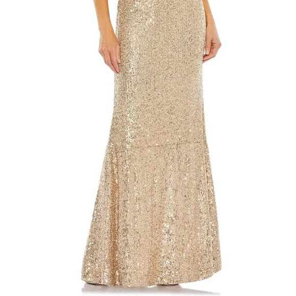MAC DUGGAL 42029 SEQUINED STRAPPY ONE SHOULDER GOLD COLUMN GOWN sz 14 - Picture 4 of 5